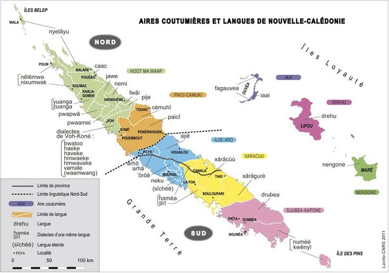 Carte des langues kanak et des aires coutumières (LACITO-CNRS, 2011).