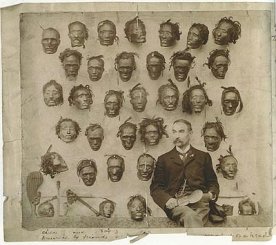 Major General Horatio Gordon Robley with his collection of Maori heads, an illustration from Medicine Man: The Forgotten Museum of Henry Wellcome, British Museum Press, 2003.